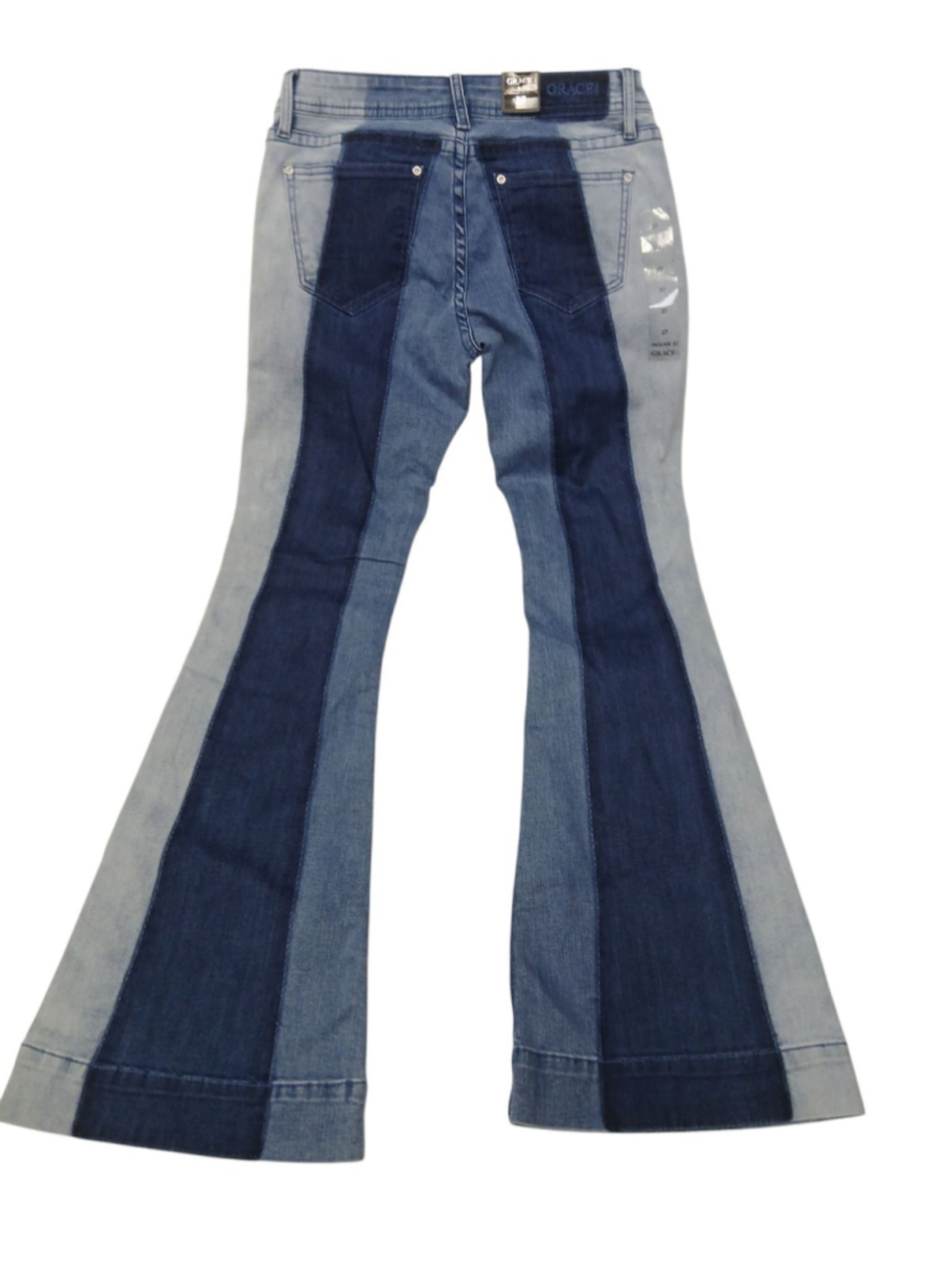 Grace in LA Retro 70's Flare Mid Rise Three Tone Penny Lane Jeans Boho Chic 27 - Picture 2 of 7
